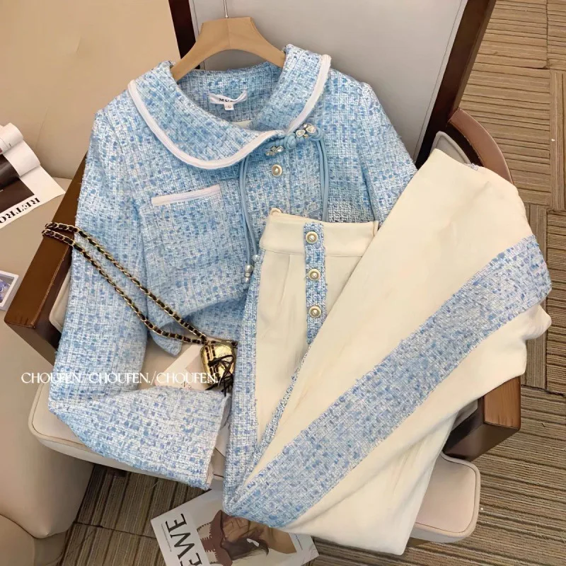 Spring Fashion Elegant Peter Pan Collar Chic Tassel Vintage Women Coat Blue Tweed Jacket High Waist Long Pants New Two Pieces