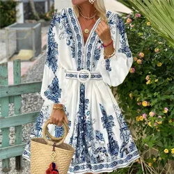 Autumn Women's Fashion V-neck Long Sleeved Bohemian Printed Dress Retro Lantern Sleeve Chinese Style Blue White Porcelain Dress