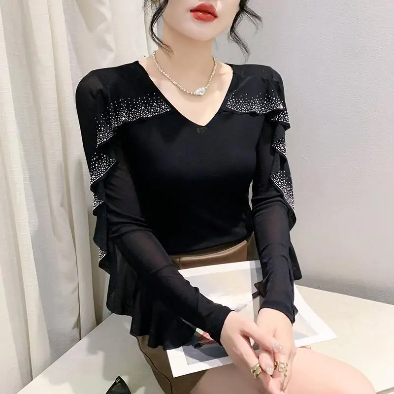 

2025 Spring New Mesh Fashion Round Neck Hollow Ruffle Edge Hot Diamond Versatile Long-sleeved Women's Top