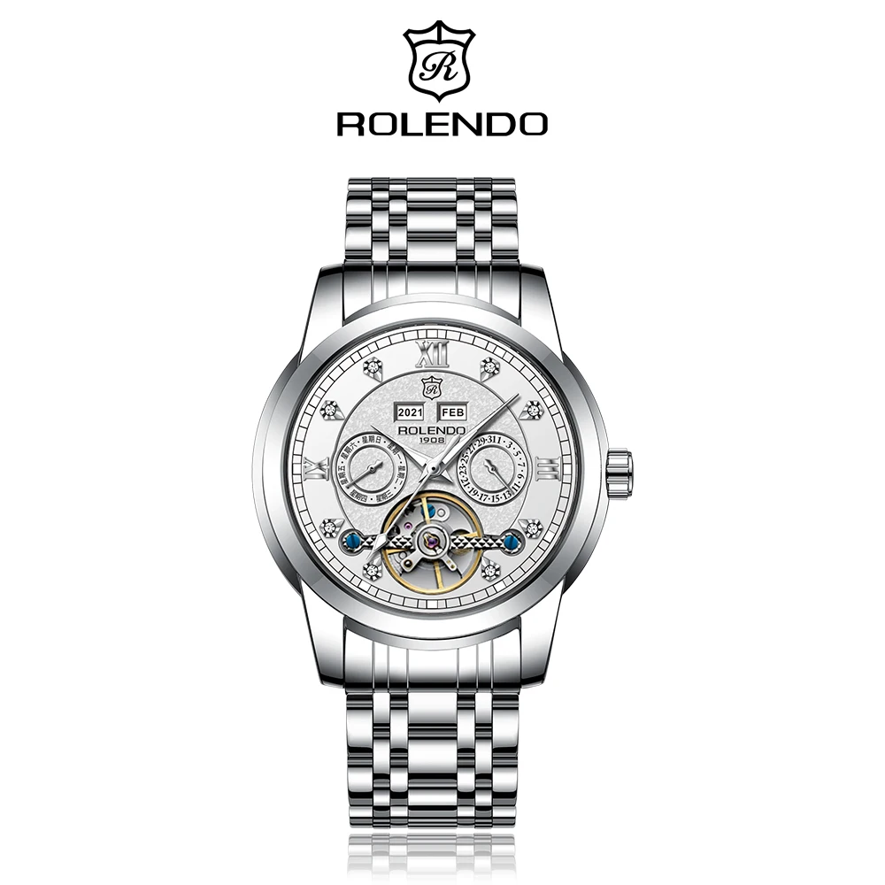 ROLENDO Men Automatic Mechanical Watch Skeleton Tourbillon Multifunction Calendar Crystal Waterproof Business Male Wristwatch