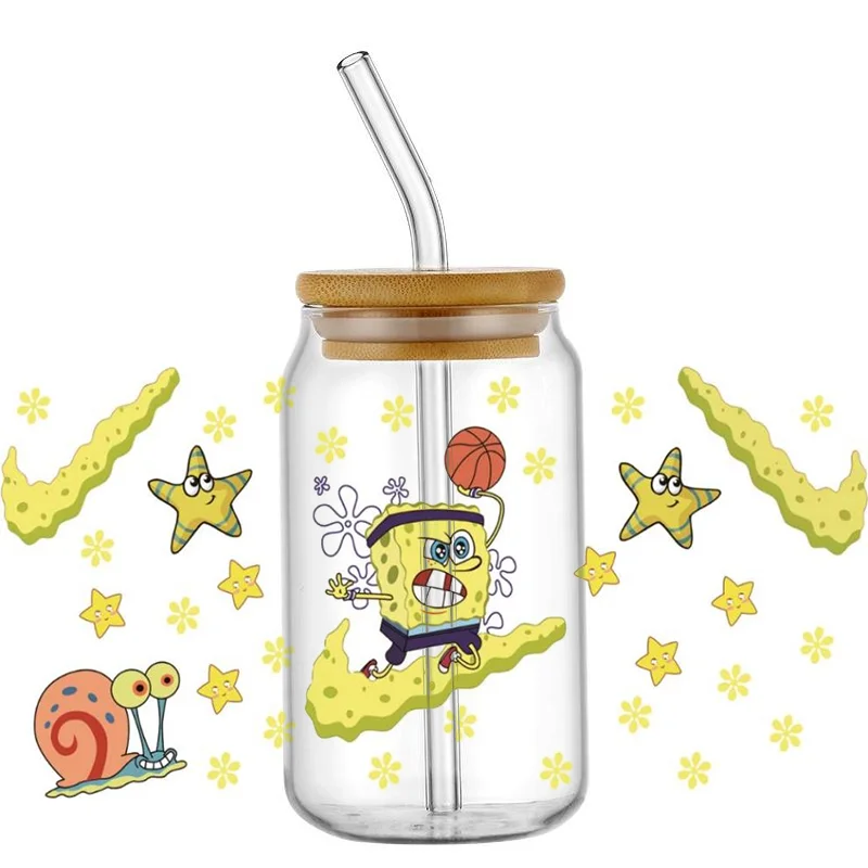 Sponge Cartoon Character UV DTF Wraps Cute Ocean Friend Pattern Waterproof DIY Transfer Decals for 16oz Libbey Glass