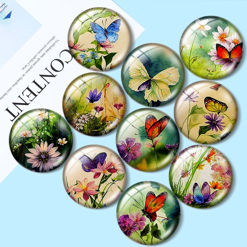 Wildflowers Butterfly12/18/20/25mm glass cabochon  bracelet pendant rings for jewelry demo earrings back Making findings