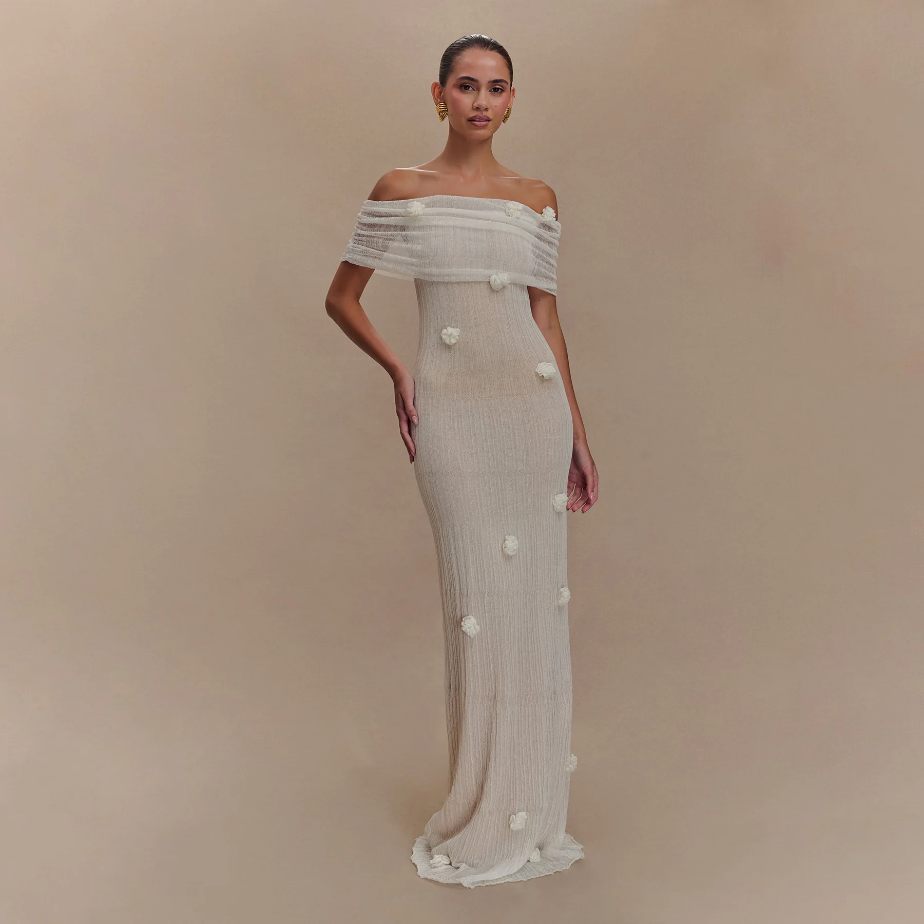 

New 3D Floral Off Shoulder Dress Woman Strapless Pleated Solid Color Robes Sleeveless Elegant Fashion Slim Women Long Maxi Dress