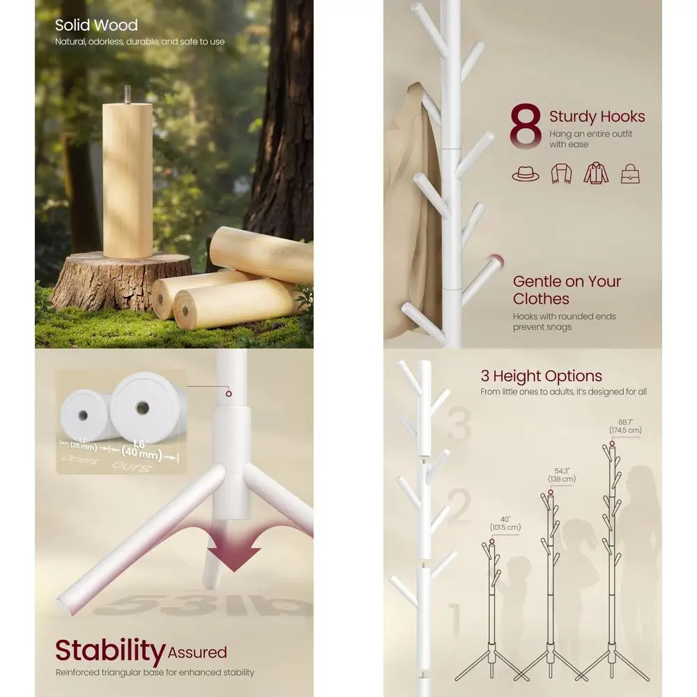 

Freestanding Wooden Tree-Shaped Coat Rack with 8 Hooks, Adjustable Heights, Suitable for Home and Office, White
