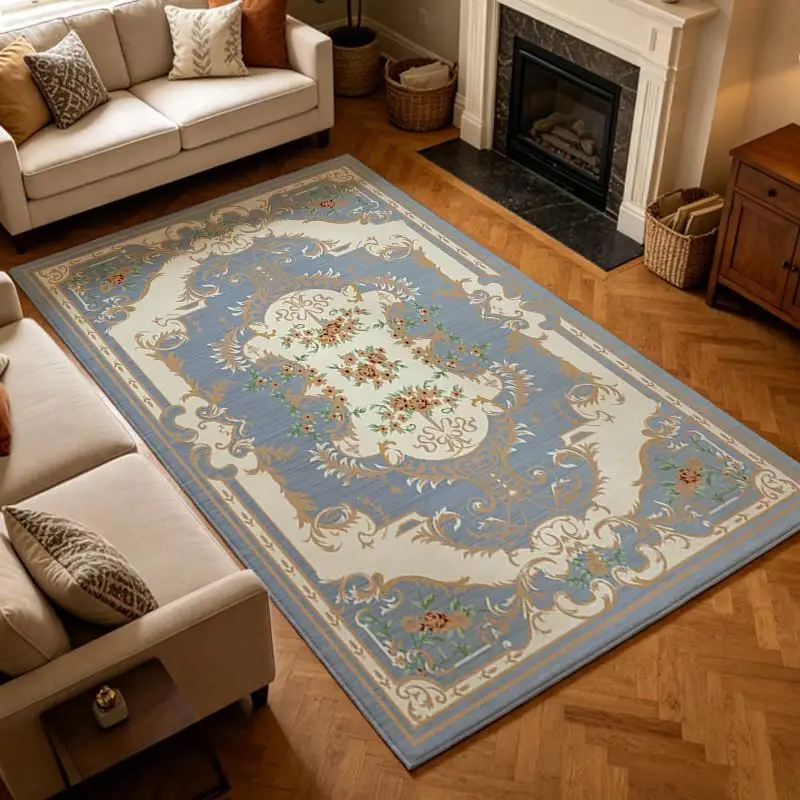 Light Blue Vintage European Floral Carpet Flooring, Elegant Rococo Square Area Rug for Living Room