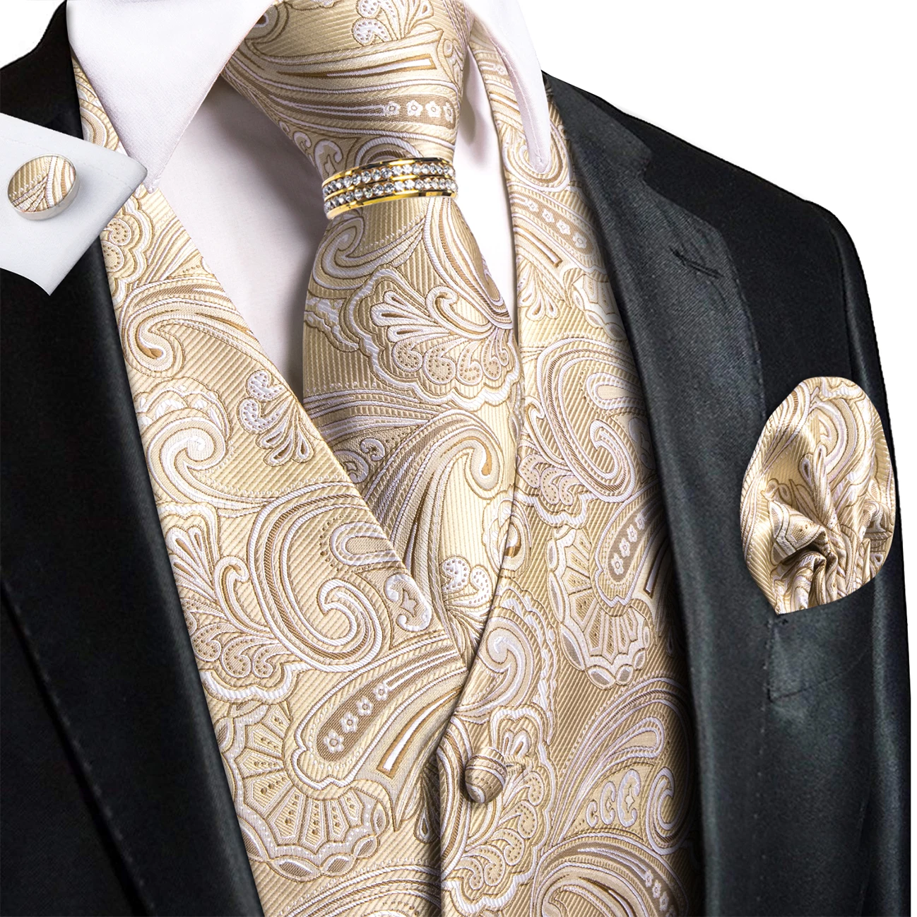 Light Gold Paisley V-Neck Vest 5Pcs Set Tie Pocket Square Cufflinks Ring For Romantic Wedding Reception