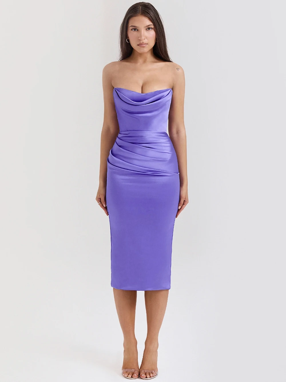 Robe de Soirée Élégante en Satin Violet pour Femme, Tenue Plissée, Sans Bretelles, Lisse, Slim, Dos aux, Longueur aux Genoux, pour Cocktail, Nouvelle Collection 2024