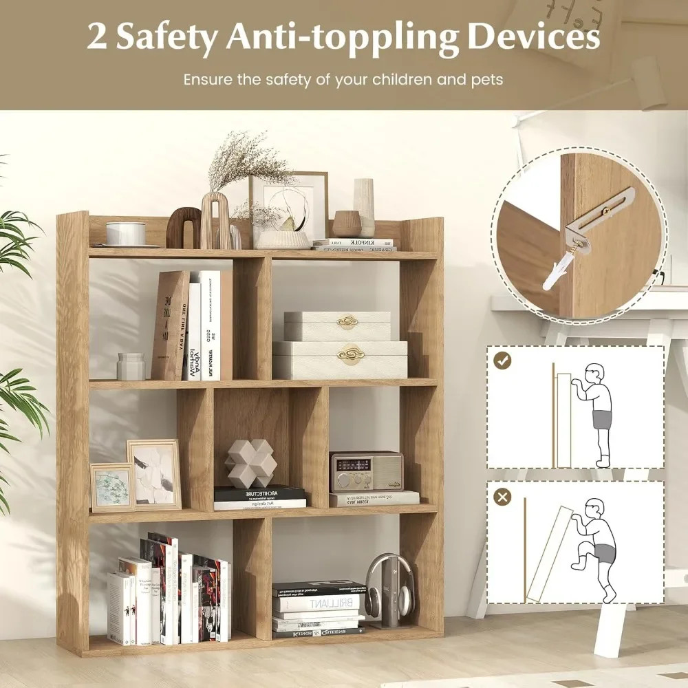 رف كتب خشبي قائم بذاته، 7 مكعبات، 4 طبقات، وحدة تخزين أفقية لرف المنزل مع أجهزة مضادة للانزلاق