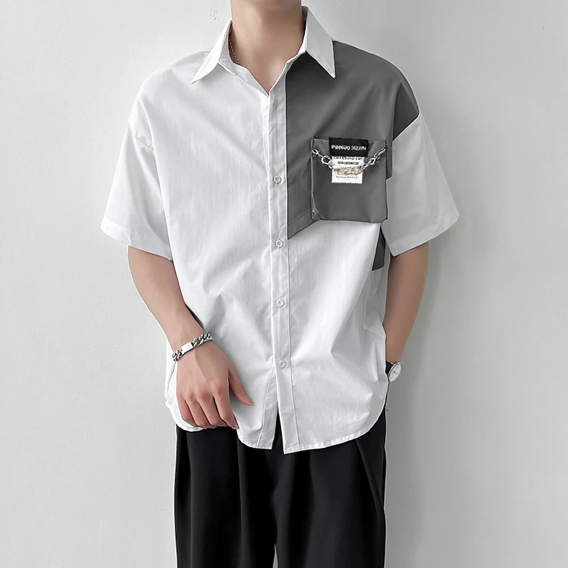 

Youthful Summer Mens ort Sve irt Metal Chain Decoration Splice Design Trendy White Cotton Polyester Fibre Flat Iron irt