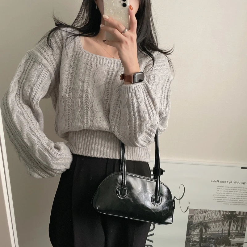 Maglieria con maniche a lanterna da donna nuova autunno/inverno elegante maglione pullover con collo quadrato tinta unita maglione casual a maniche lunghe