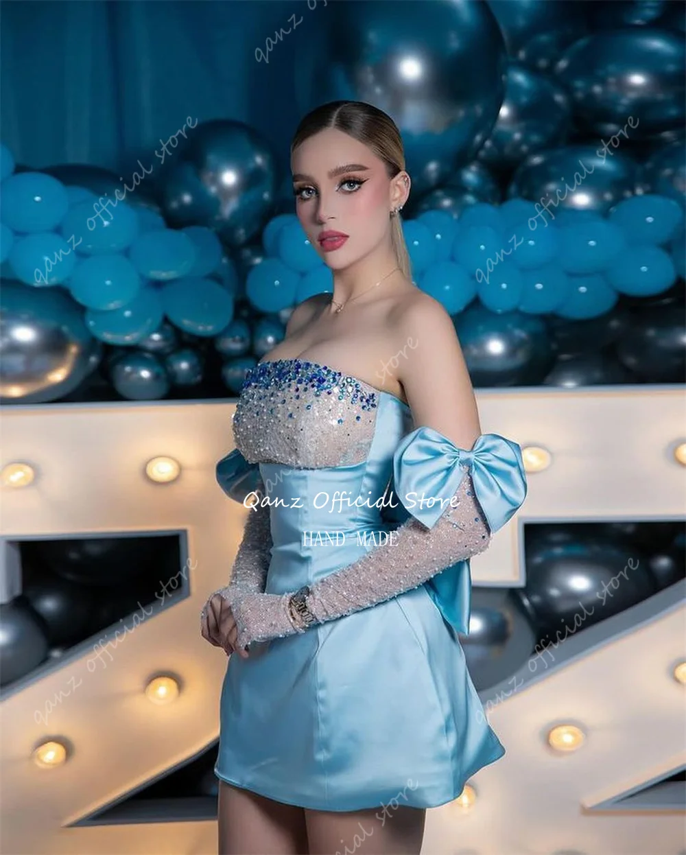 Qanz Sky Blue Sexy Prom Dresses Sequined Crystal Long Sleeves Rhinestone Birthday Dress Corset Cocktail Dresses Customized