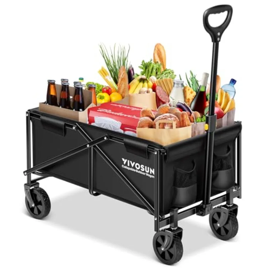 

Складная тележка-вагон для улицы с внедорожными колесами, регулируемой ручкой, подстаканниками и боковыми карманами для кемпинга и покупок