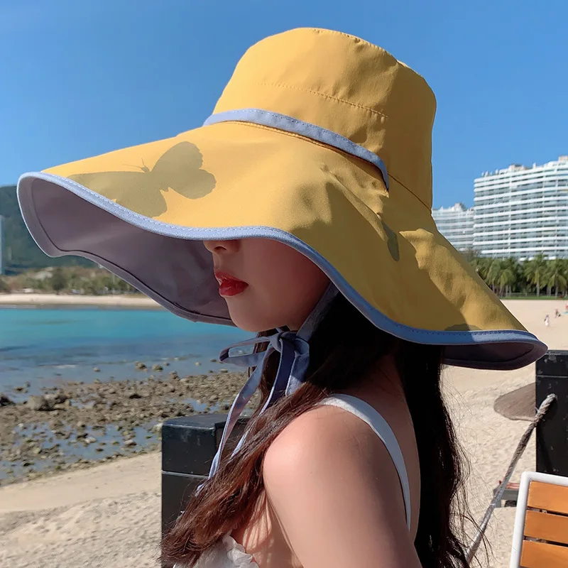 Double-sided Large-brimmed Sun Hat Women\'s Printed Butterfly Tie Rope Sunscreen Sun Hat Summer Foldable Beach Hat 56-58cm