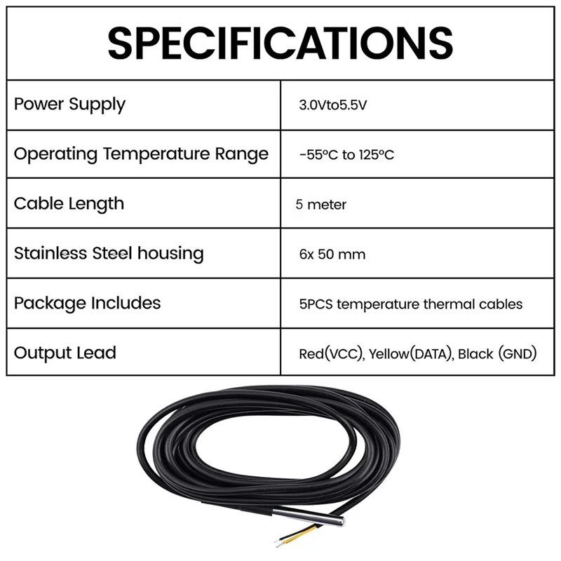 DS18B20 Temperatursensor 5 Stück 5 m Edelstahl wasserdichtes Kabelpaket Digitaler Thermostat Temperaturfühler