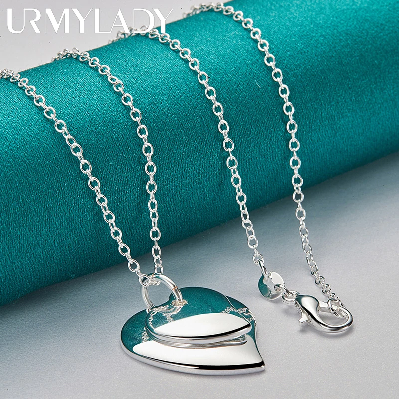 

URMYLADY 925 Sterling Silver Double Heart 16/18/20/22/24/26/28/30 Inch Pendant Necklace For Women Wedding Party Fashion Jewelry