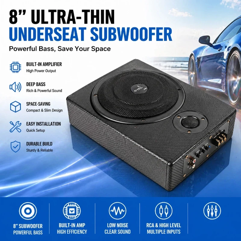 800W 8Inch/10Inch ultra-thin under-seat powered subwoofer，RMS.150WBuilt-in amplifier，Improve sound quality，Car audio