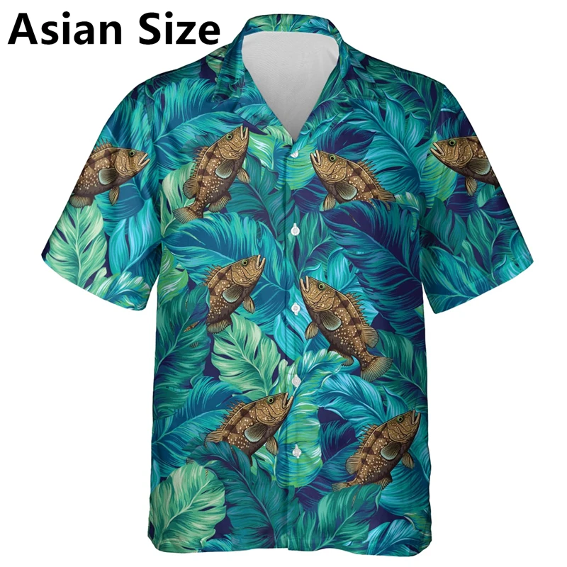 Casual Fish Graphic Hawaiian Shirts For Men Summer Fashion Short Sleeve Lapel Button 3D Printed Shirt Loose Outdoor Blouse Tops