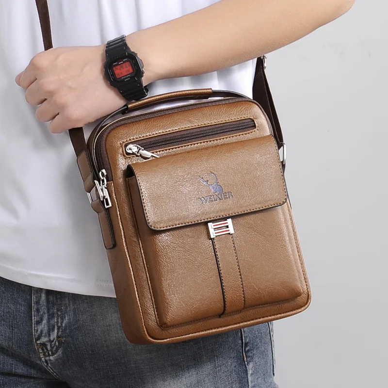 Men Multifunctional Leather Shoulder Bag Multi Pocket Crossbody Messenger Bag Business Travel Handbag with Top Handle Black