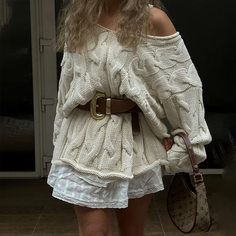 

OMSJ Autumn Winter Vintage Casual Solid Versatile Sweater Fried Dough Twists Knit Loose Fit V Neck Pullover Jumpers Daily Outfit