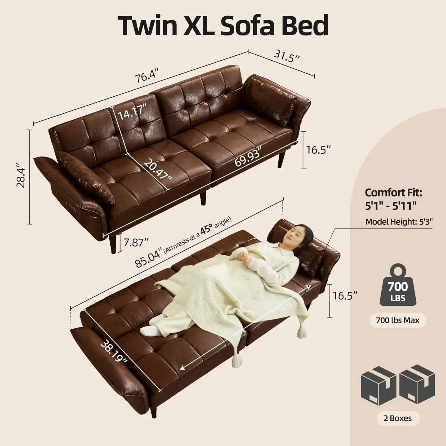 Futon Sofa Bed, Sleeper Sofa, Small Couch with Storage Adjustable Armrests Pillows, Faux Leather Loveseat, Mid Century Modern