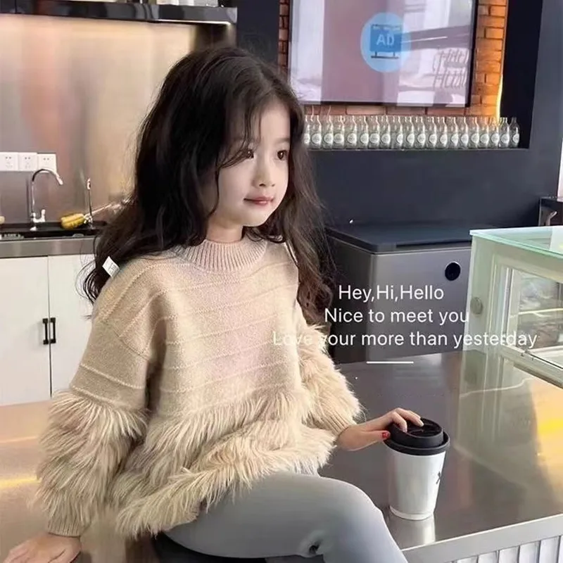 

Girls Solid Color Sweater Autumn New Baby Kids Children's Fashion Fur Tassel Knitted Top Winter Overlay Pullover Bottom Shirt