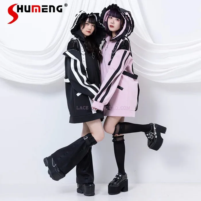 Japanese Mine Bunny Ears Hooded Zipper Jacket Women Harajuku Sweet Cool Off The Shoulder Love Ornament Mid-Length Coat Female