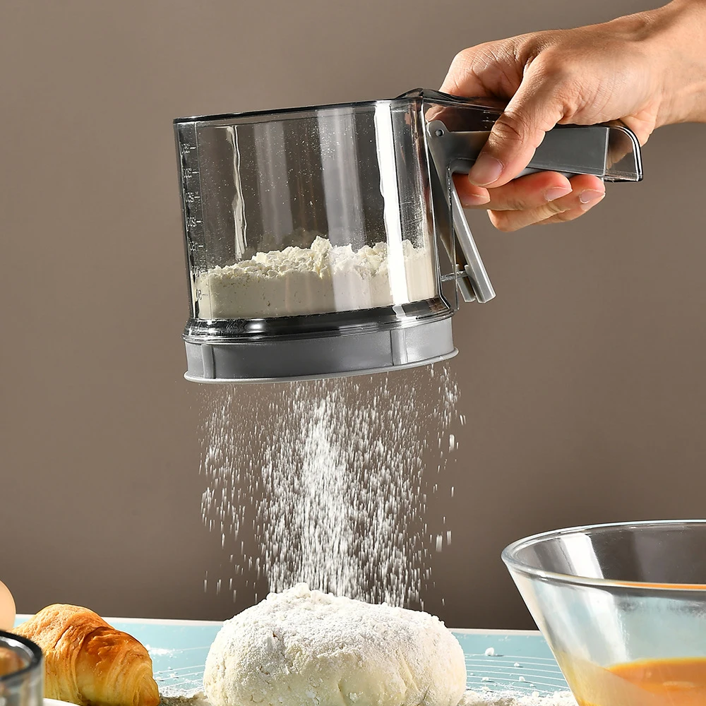 Flour Sieve Cup Powder Sieve Mesh Transparent Baking Semi-automatic Sugar Sifter Powder Shaker Handle Measuring Cup Kitchen Tool