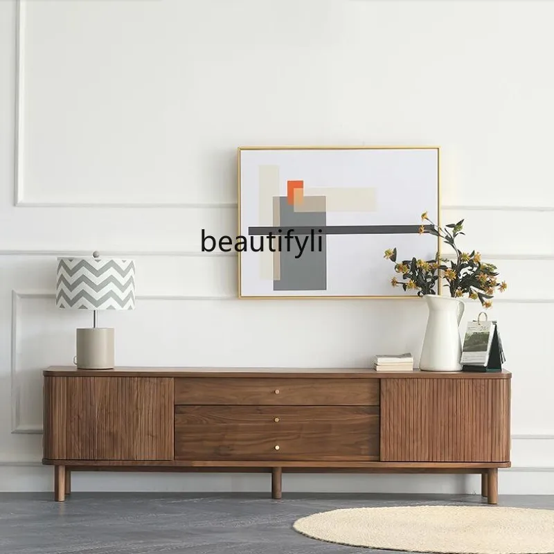 

yj15Nordic Black Walnut TV Cabinet Log Modern Floor Cabinet Japanese Living Room Storage Cabinet Complete Set