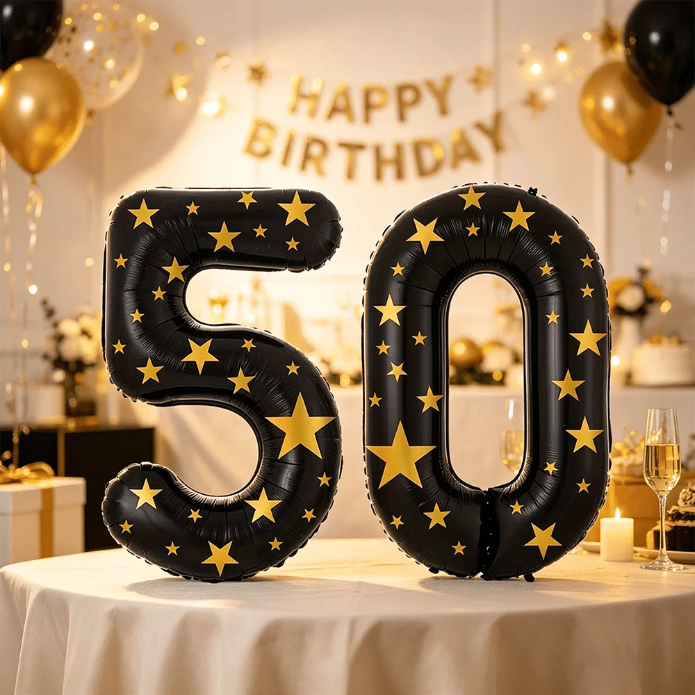 32inch Black Digital 50 Aluminum Foil Balloon With Gold Star Sticker Birthday And Anniversary Party Decoration DIY Balloons