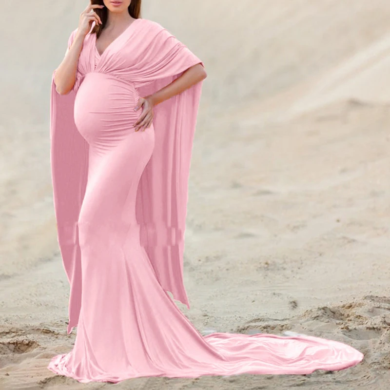 Women\'s Off Shoulder Elegant Fitted Maternity Gown Chiffon Flare Cape Sleeve Slim Fit Maxi Photography Dress for Baby Shower