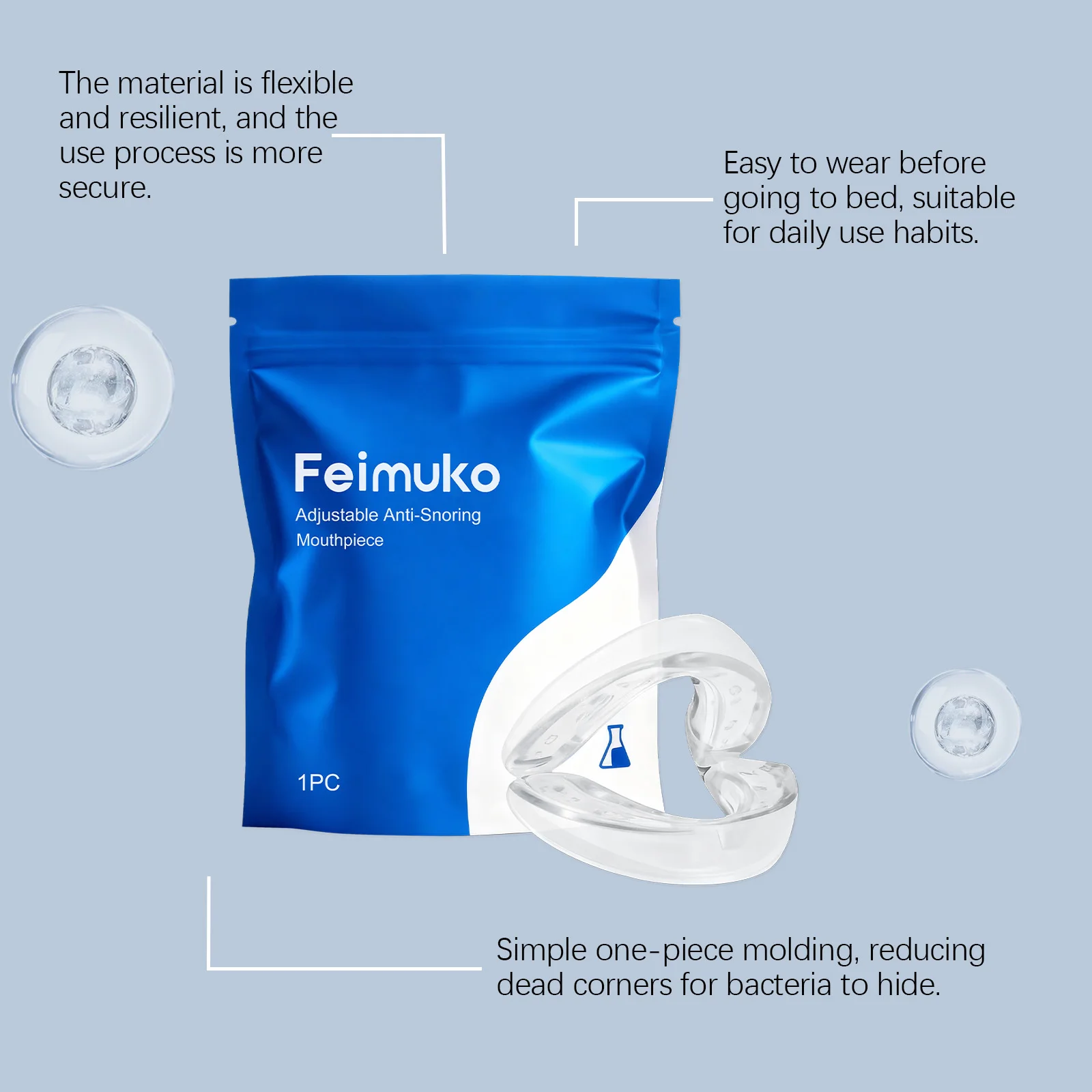 Feimuko Anti Snoring Mouth Guard Comfortable Sleep Teeth Grinding Mouthpiece Portable Travel Sleep Aid Device Smooth Fit Night