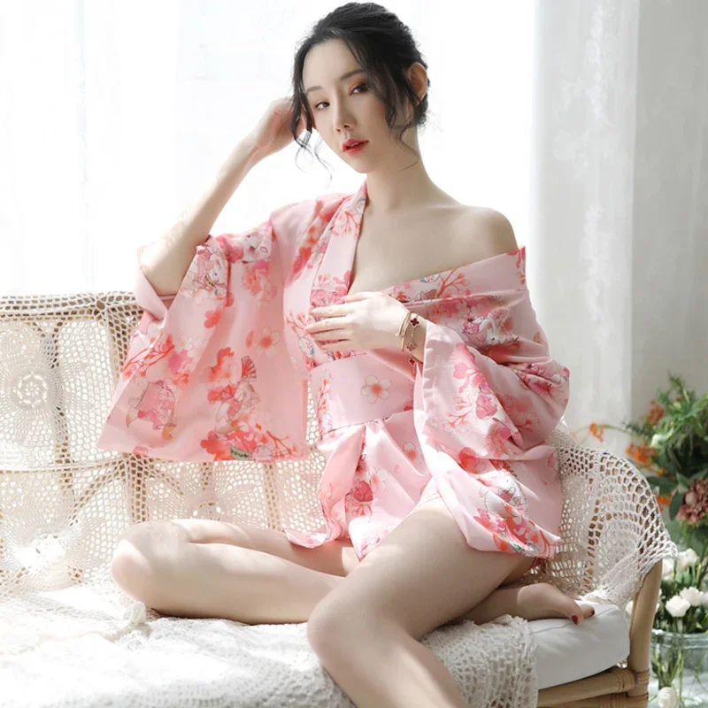 Sakura girl kimono dress Japanese style yukata bathrobe women floral print haori Japan uniform cosplay costume party short gown