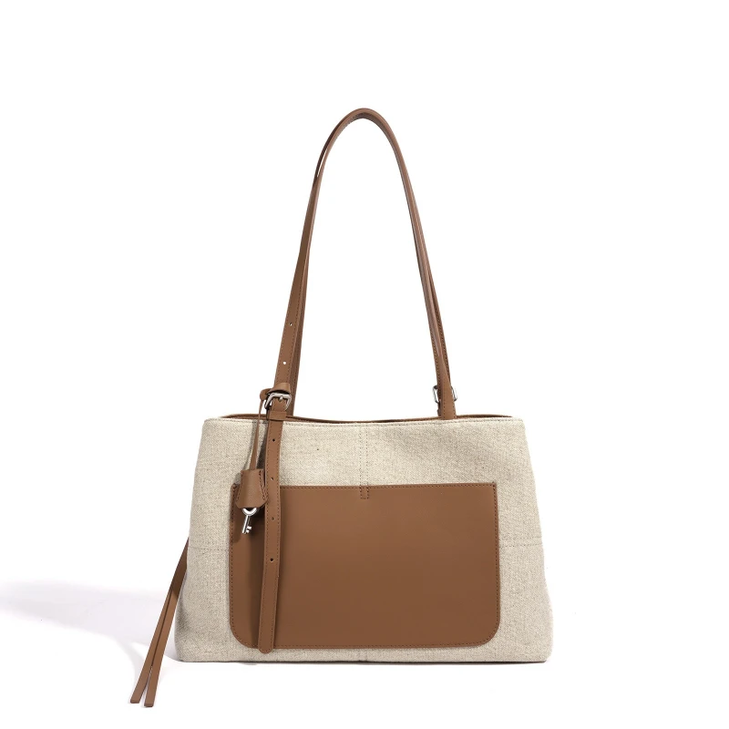 

Cotton-Linen Patchwork Tote Bag for Commuting, Large Elegance, Simplicity Women Underarm Bag, High-End Genuine Leather Handbag