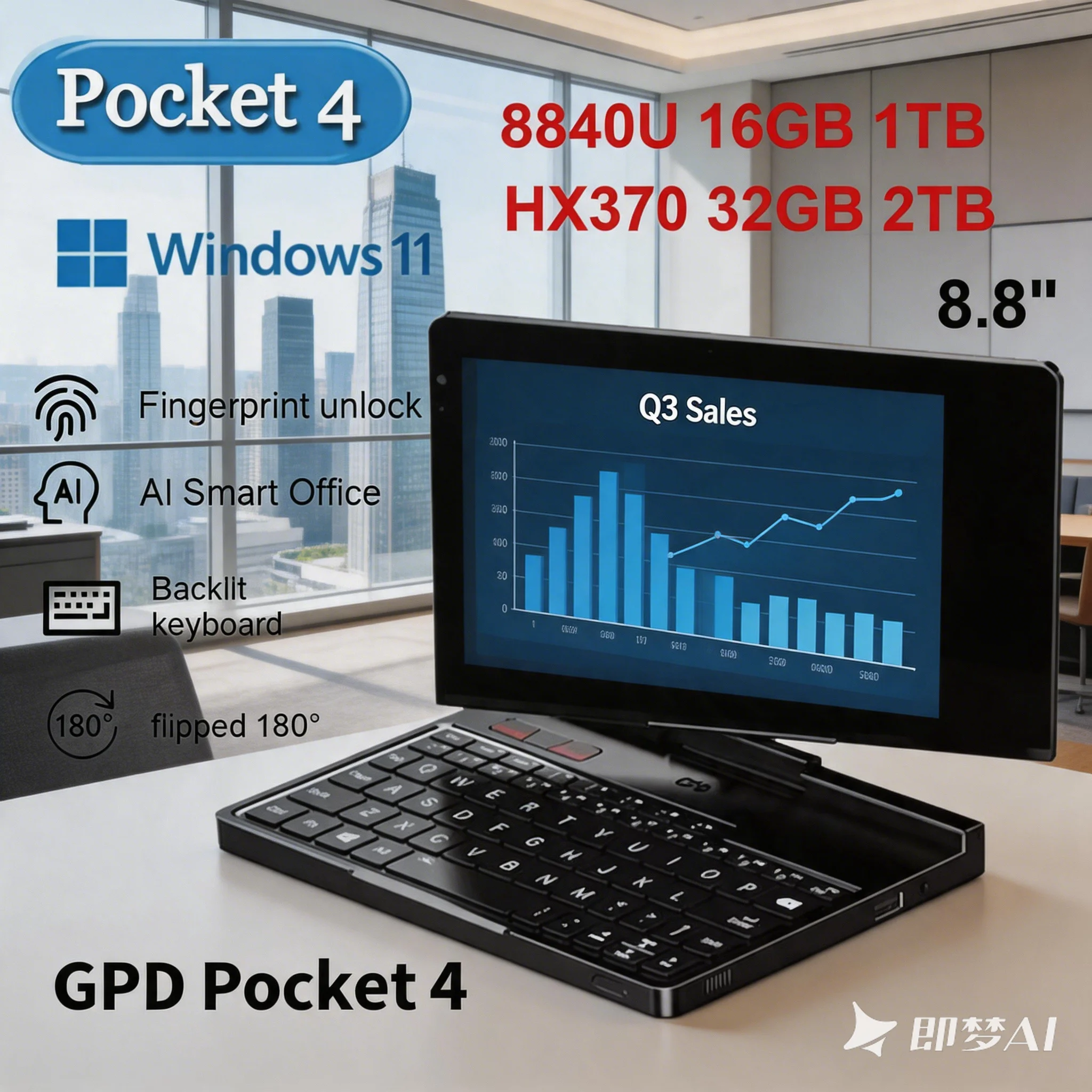

2026 New GPD Pocket 4 8.8" Business Laptop, AMD AI 9 HX 370, 64GB RAM+2TB NVMe, 180° Flip Portable PC