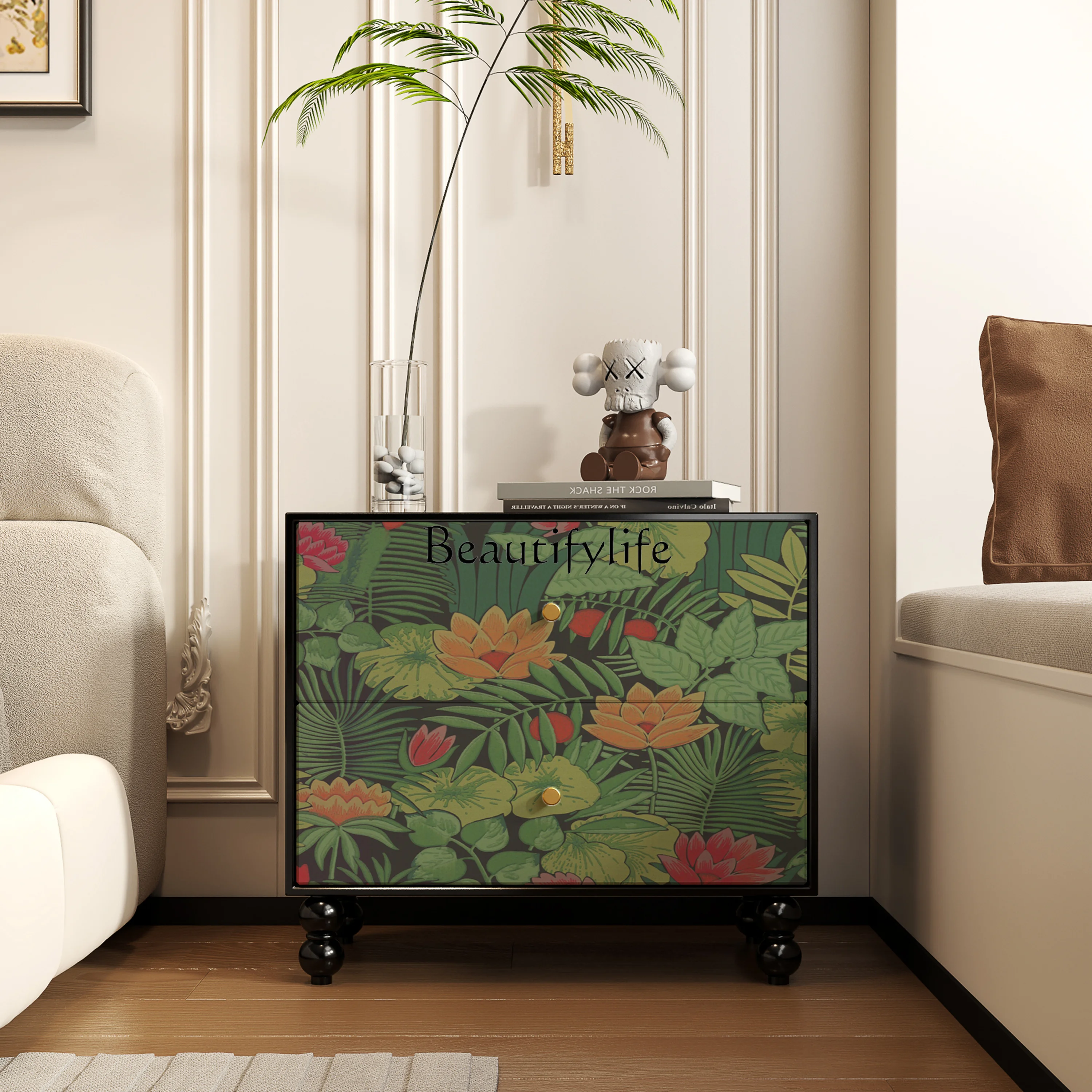 

French medieval solid wood retro bedside table multi-functional storage locker