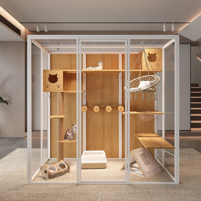 

Large panoramic glass cat villa solid wood super large free space cat house home indoor cattery luxury style