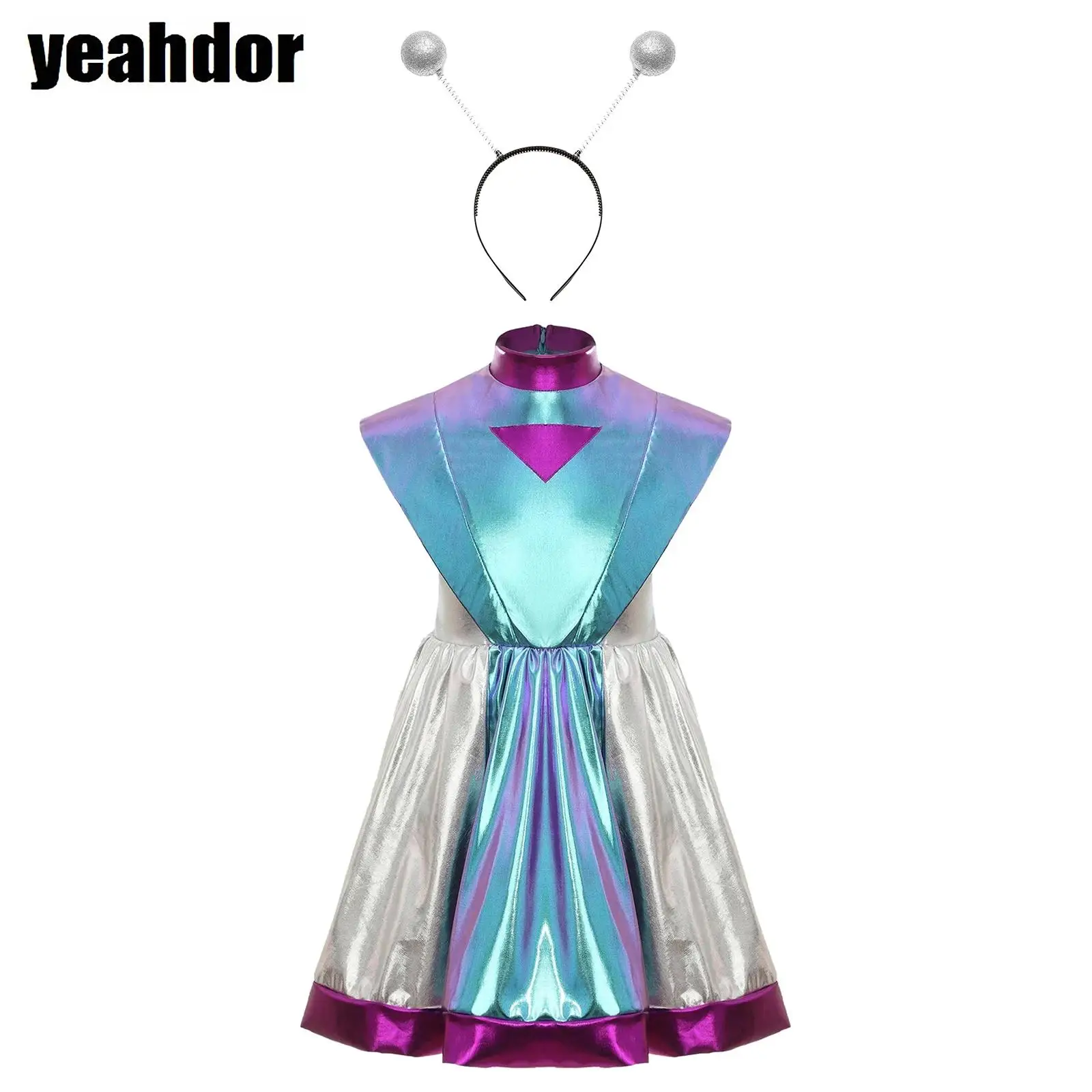 

Girls Alien Costume Outer Space Halloween Cosplay Sleeveless Metallic A-line Tutu Dress with Hair Hoop Headband Future World Set