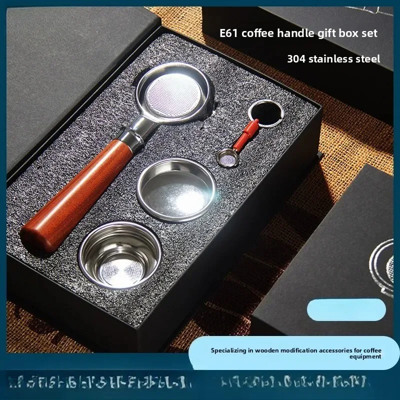 

Итальянская кофемашина E61 с ручкой из массива дерева, модифицированная, бездонная, из нержавеющей стали, с двумя ручками, в подарочном наборе