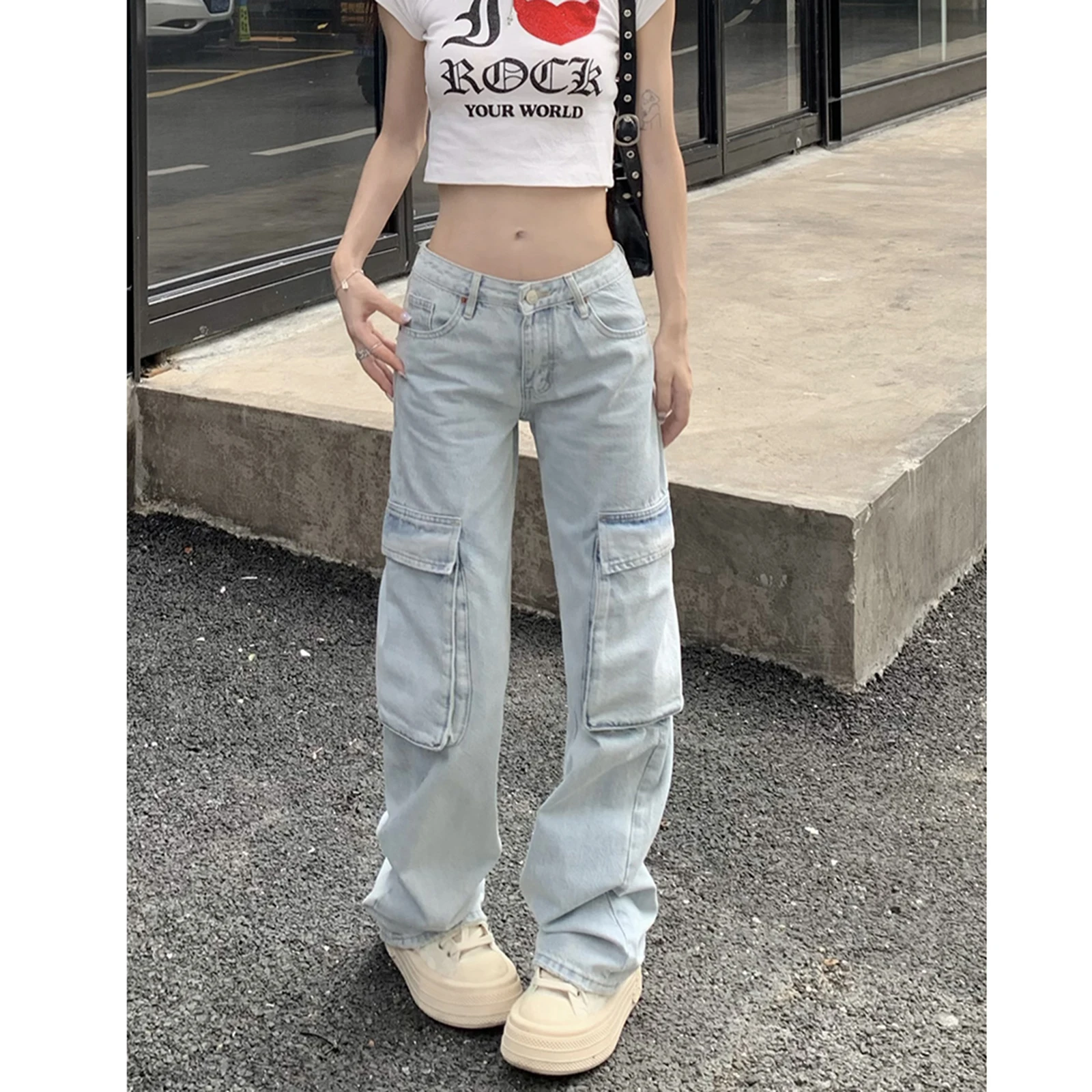 

2024 Spring Autumn New Women Light Blue Workwear Jeans Pocket Vintage High Waisted Wide Legs Denim Pants Trendy Street Trousers