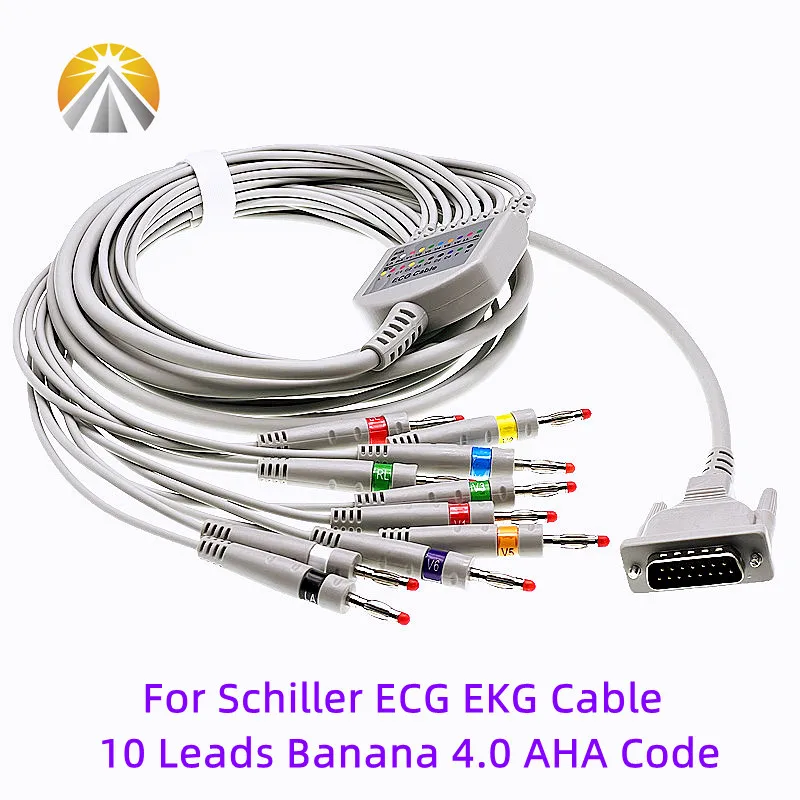 ECG Cable for Schiller AT1 AT2 AT101 AT102 CS12 CS100 One Piece 10 Leads DB15 Pin AHA or IEC Banana or Clip EKG Lead Wires