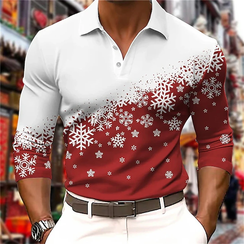 Men's Polo Shirt Golf Shirt Graphic 3D Print Snowflake Graphic Tops Christmas Street Long Sleeve Button Polo Men Clothes Apparel