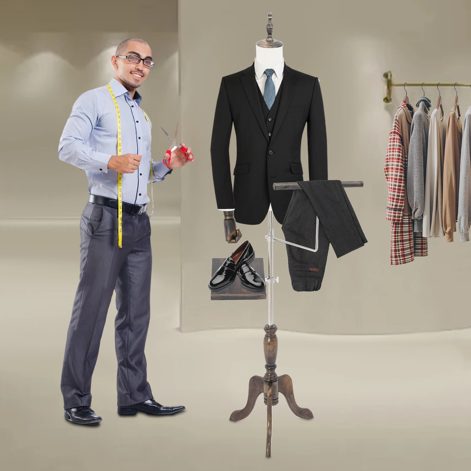 

Adjustable Male Mannequin, 150-180cm Height, Solid Wood Arm Dress Form, Tripod Base, White Linen Torso, 43cm Shoulder