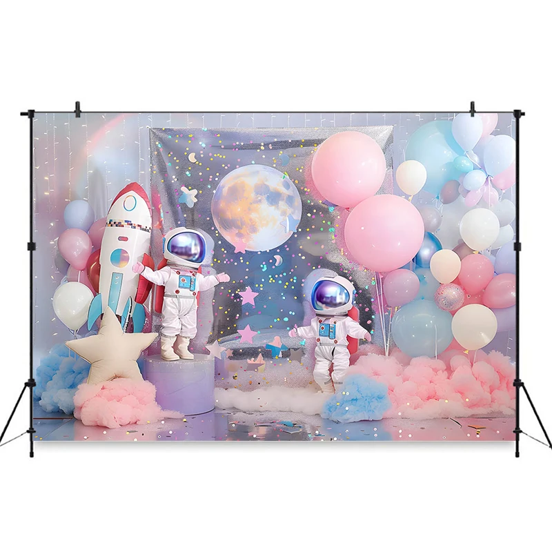 Space Rocket Photography Background Astronaut Stars Color Balloon Baby Birthday Backdrop Party Cake Table Supplies Photo Studio