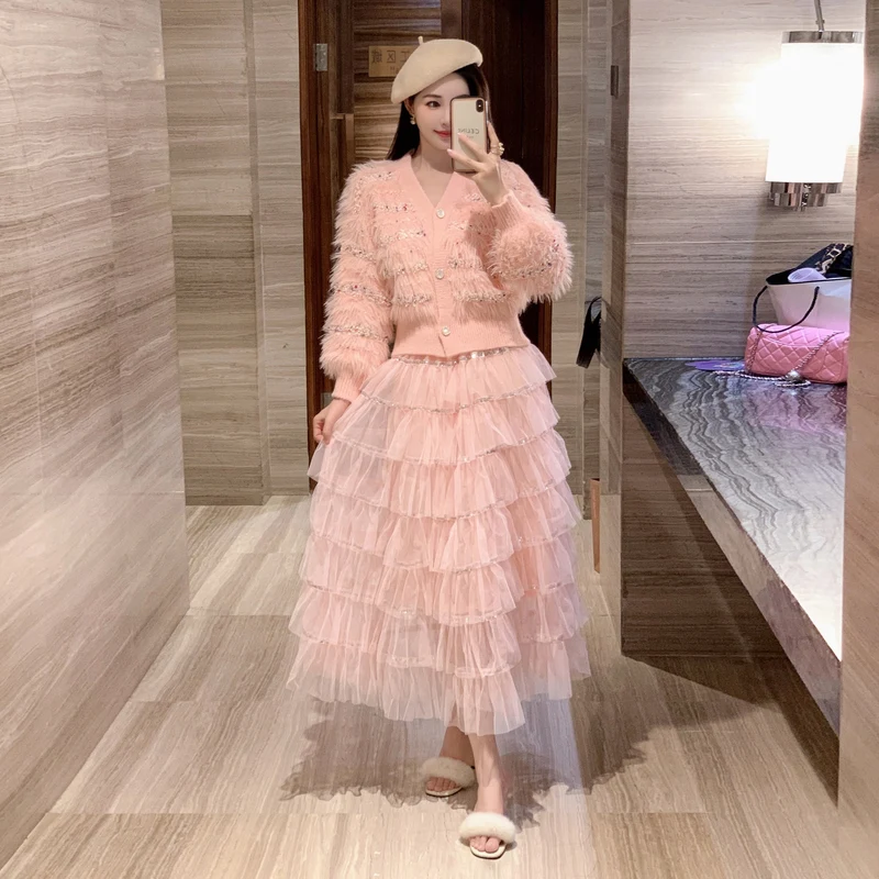 2024 New Autumn Winter Women 2 Piece Set V Neck Tassel Knitting Soft Warm Mink Fur Coat Outwer +Party Mesh Skirts Sets