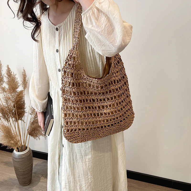 Rattan Crochet Shoulder Bag Summer Women Beach Tote Handbags Vintage Straw Woven Bag