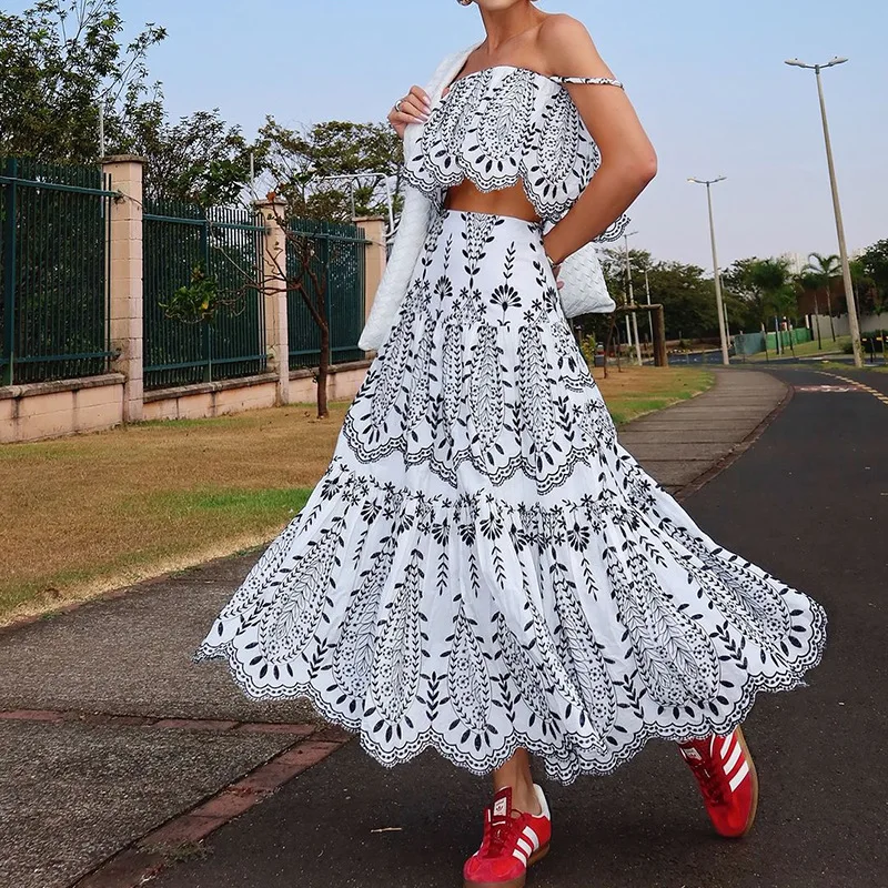 

Elegant Women Crop Top Maxi Skirts 2 Pieces Sets Print Short Camis&long Skirts Beach Vacation Two Pieces Suits Outfis Mujer