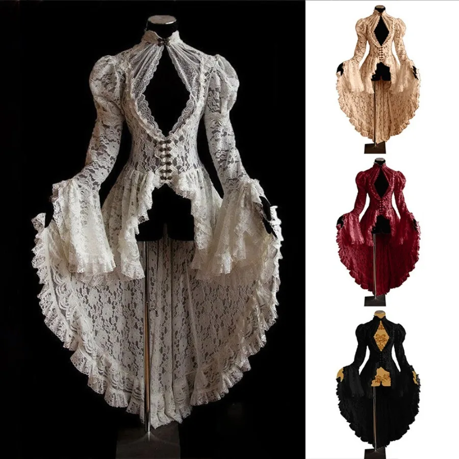 

Women's Medieval Court Party Lace Dress Gothic Style Asymmetrical Dress Halloween Retro Vintage Solid Cardigan Cosplay Clothing