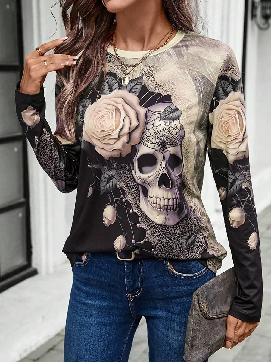 

Women's T-shirt 3D Halloween Skull Print Fashion Long Sleeve Round Neck Regular Top Holiday Weekend Spring and Autumn
