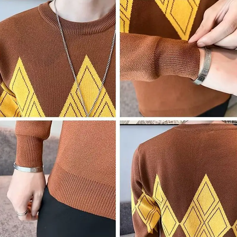 Men's Autumn Winter Solid Pullover Round Neck Geometric Shape Paisley Long Sleeve Sweater Knitted Fashion Casual Undershirt Tops