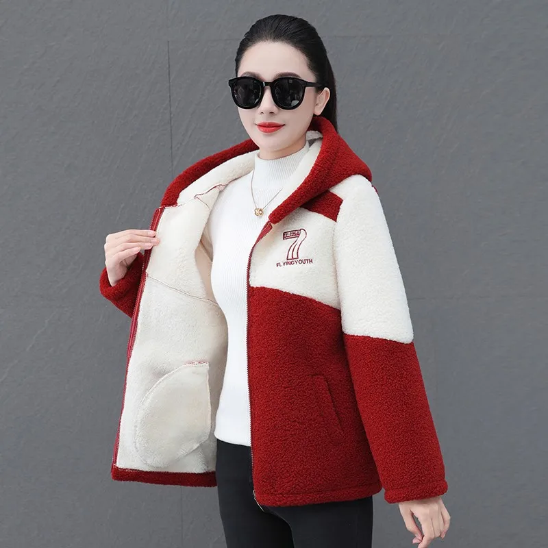 Winter Jackets Women Hooded Fleece Warm Coat Female Middle-Aged Mother Outewear Korean Casual Overcoat